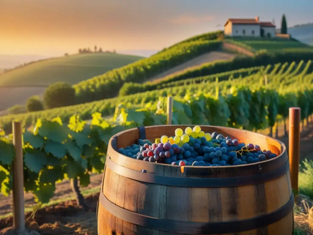 Un viñedo pintoresco al atardecer, con vides verdes y barril de vino