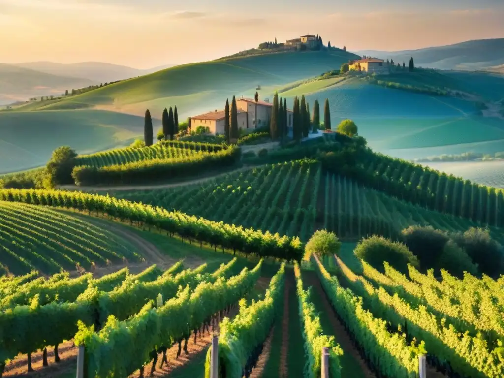 Viñedo pintoresco en colinas de la Toscana, Italia, bañado por el sol poniente