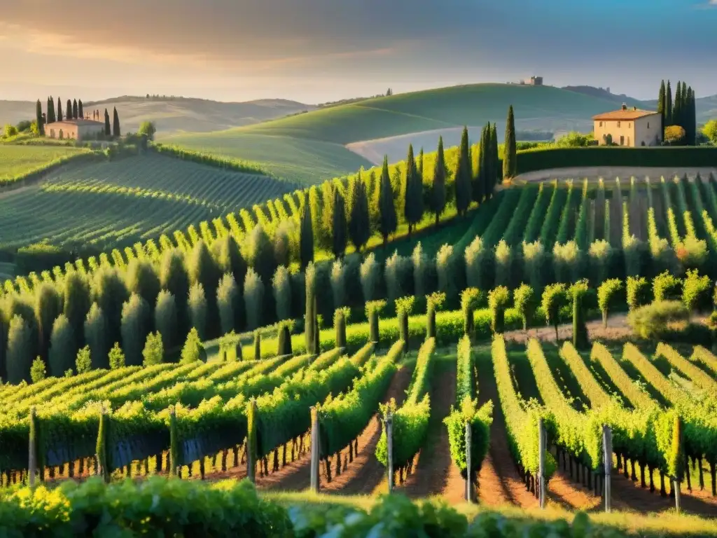 Viñedo pintoresco en colinas de la Toscana al atardecer, con bodega y viñedos verdes