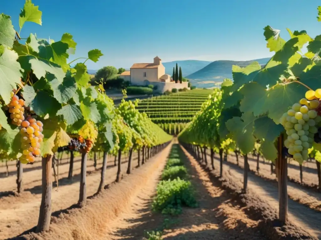 Un viñedo pintoresco en Provence, Francia, con filas de uvas verdes bajo el sol radiante