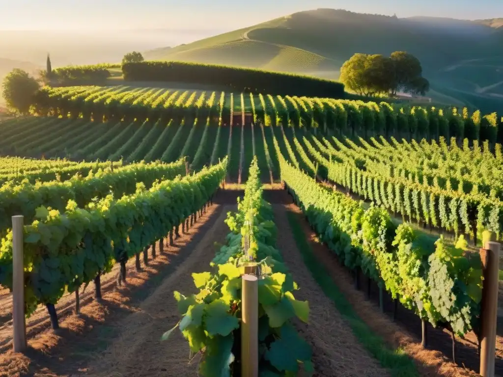 Un viñedo pintoresco al amanecer, con filas de uvas exuberantes