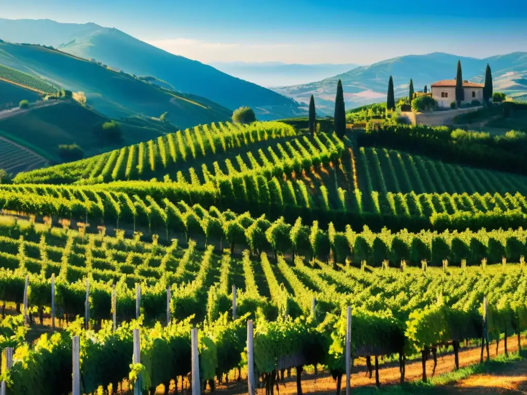 Viñedos de Piamonte: una imagen ultrarrealista de belleza infinita Un viñedo pintoresco en Piamonte, Italia, con hileras de uvas bajo el cielo azul