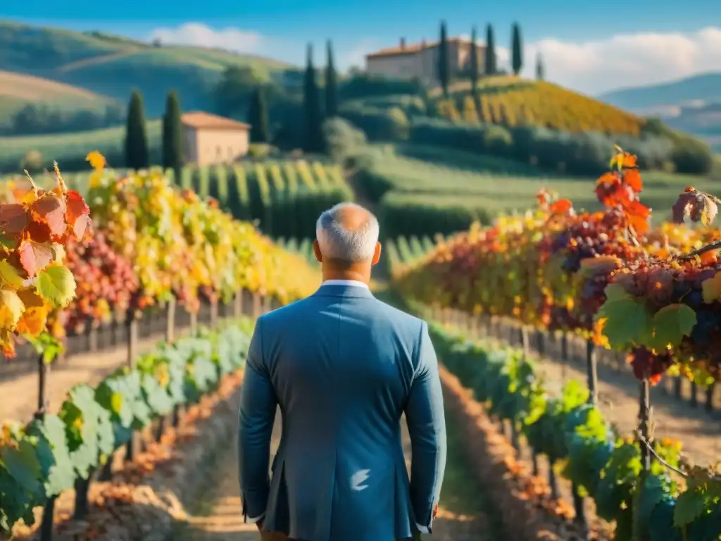 Viñedo pintoresco en Toscana durante otoño con follaje vibrante y villa histórica al fondo