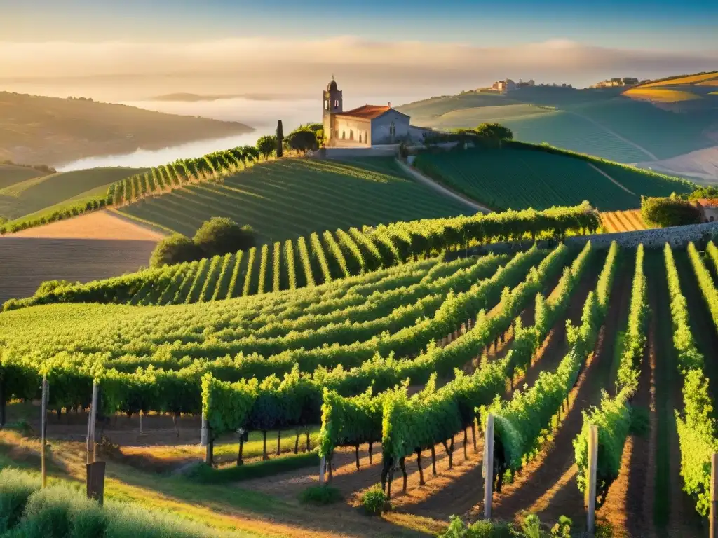 Un viñedo portugués ancestral al atardecer, con hileras de uvas y cálida luz dorada