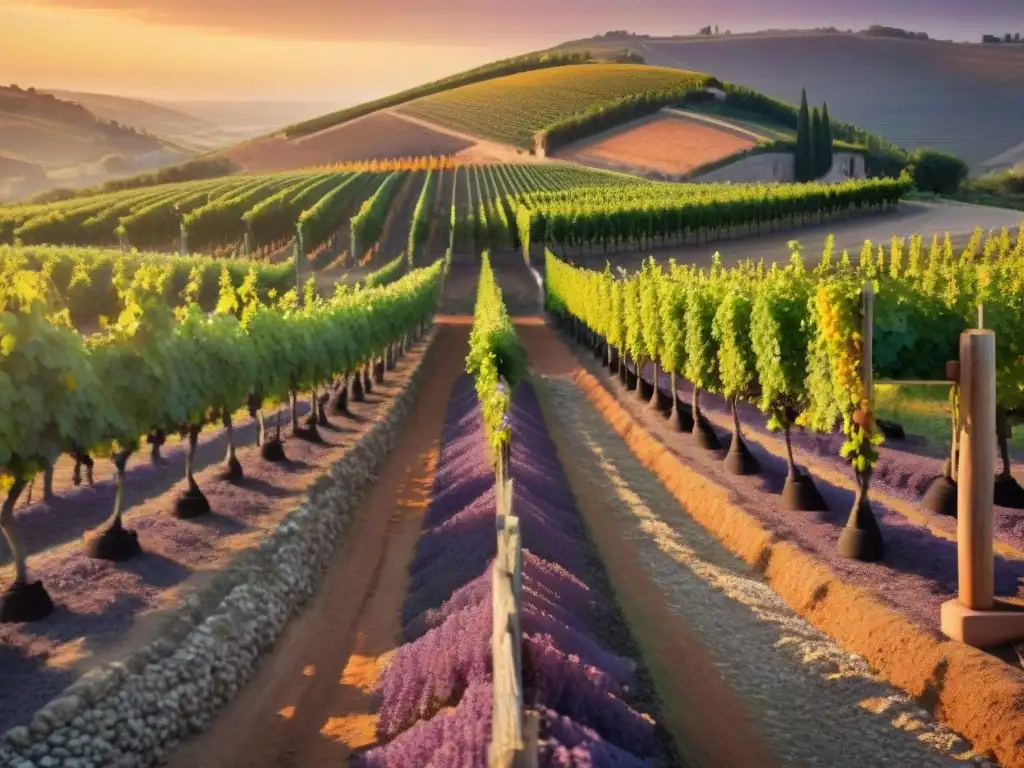 Un viñedo rústico al atardecer con hileras de viñedos naranjas bajo un cielo vibrante