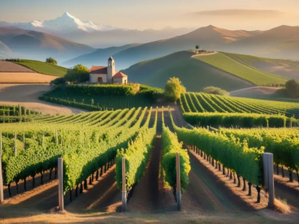 Un viñedo sereno al atardecer en Chile, con tonos dorados y suaves colinas pastel