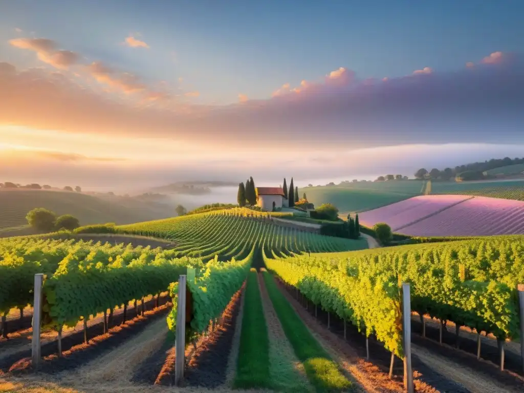 Un viñedo sereno al atardecer con viñedos verdes bajo un cielo pastel