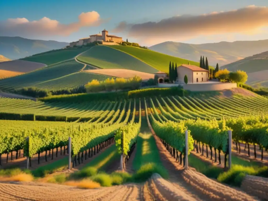 Un viñedo sereno en Rioja, bañado por la cálida luz del atardecer