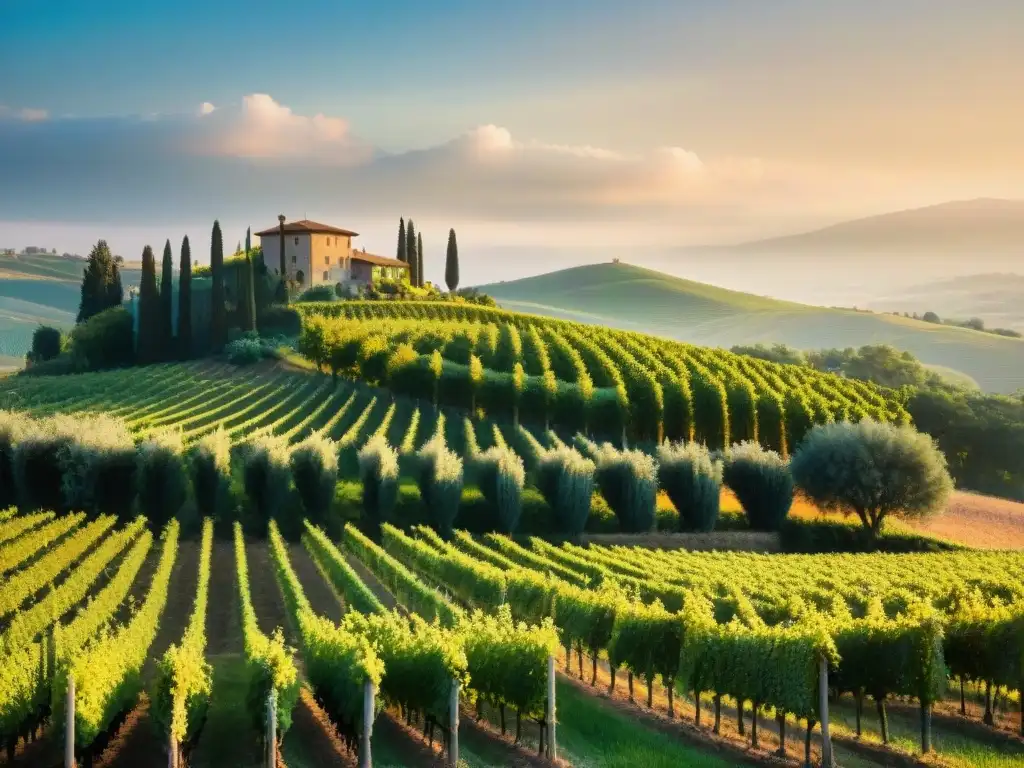 Un viñedo sereno en las colinas de la Toscana, Italia, bañado en la luz dorada del atardecer