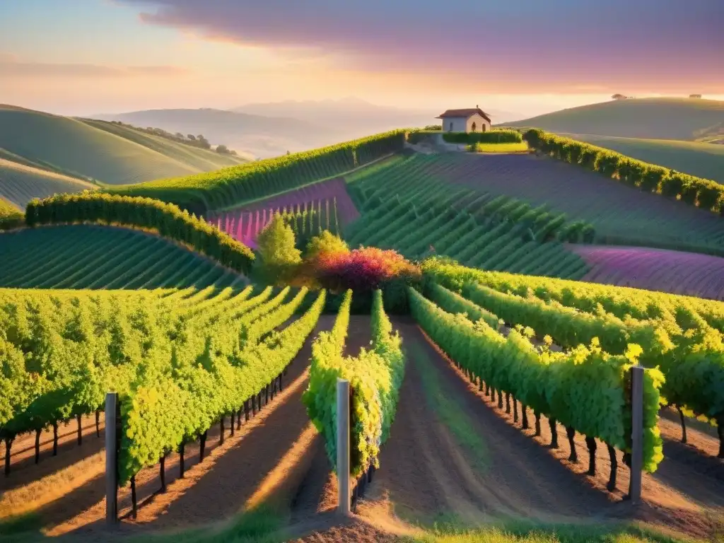 Un viñedo sereno al anochecer, con hileras de uvas verdes bajo un cielo rosado y morado