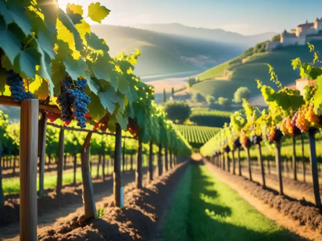 Un viñedo soleado en Borgoña con uvas maduras y un encantador chateau