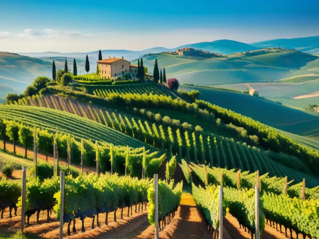 Viñedo soleado en Toscana con uvas moradas, casa rústica de piedra y cielo azul