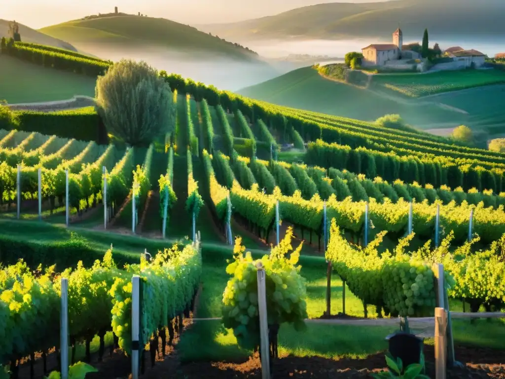 Viñedo al amanecer con uvas maduras y luz dorada entre las hojas, un pueblo europeo tradicional al fondo