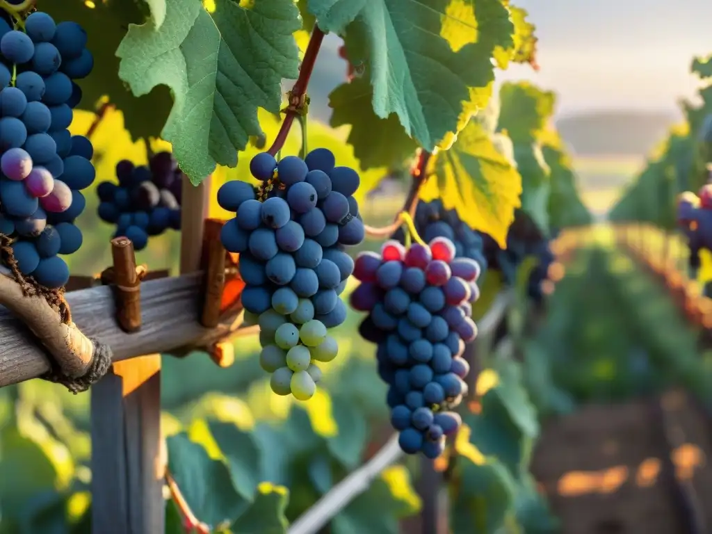 Viñedo al amanecer, uvas moradas brillantes y sol dorado