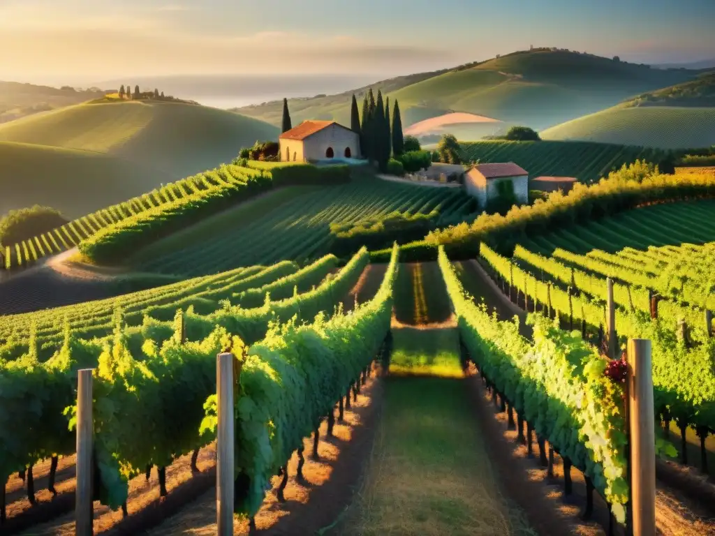 Un viñedo vibrante en una región vinícola emergente del mundo, con colinas verdes y uvas maduras al atardecer