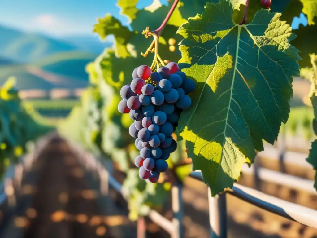 Un viñedo vibrante en el Nuevo Mundo, con uvas orgánicas detalladas bajo el cálido sol