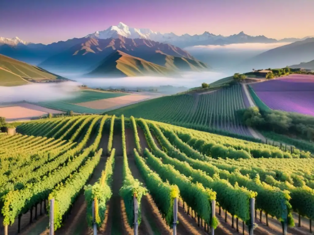 Viñedos de Mendoza al atardecer, con barrica de vino y montañas andinas