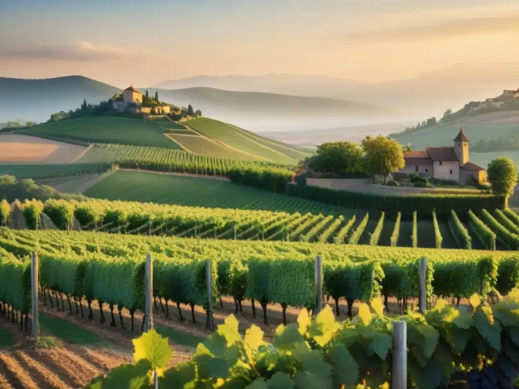 Viñedos centenarios herencia Alsacia: Majestuosos viñedos antiguos con historia en Francia, bañados por cálida luz dorada al atardecer