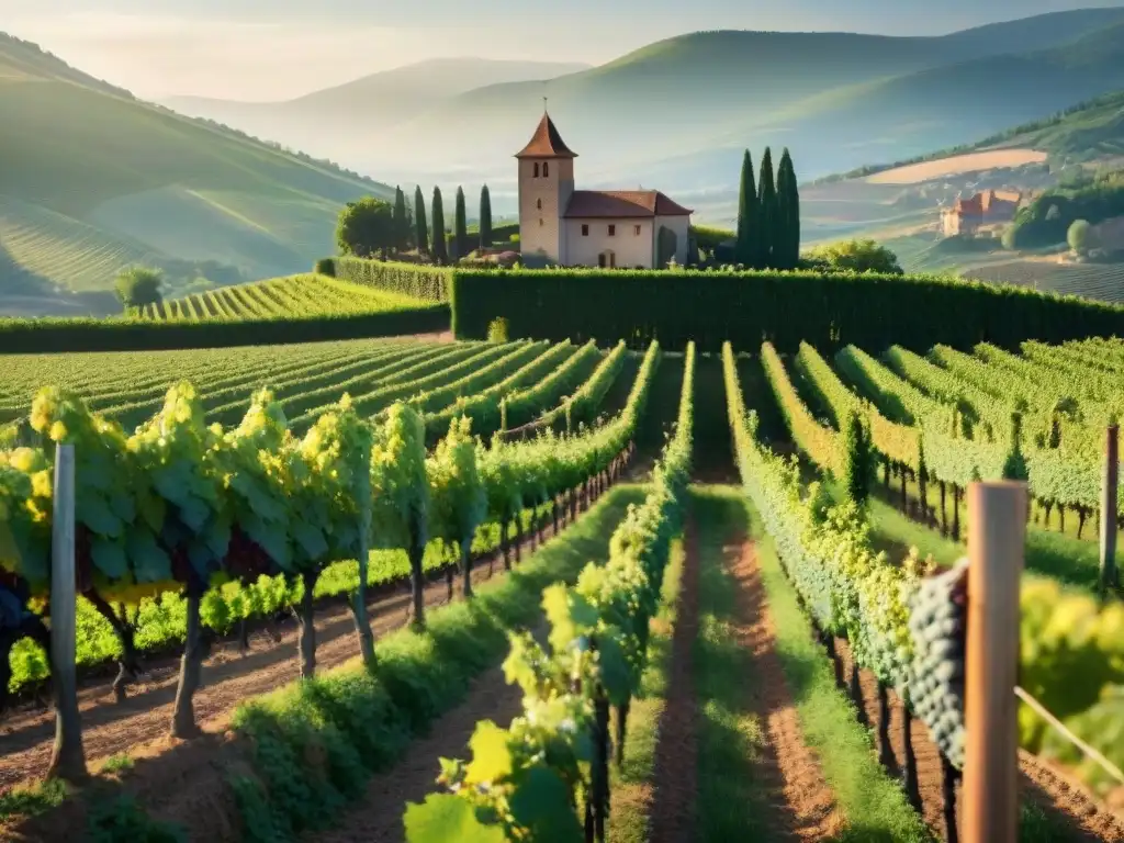 Viñedos centenarios herencia Alsacia: Detallada imagen de un viñedo en Alsacia, con uvas maduras brillando bajo el sol y un castillo francés al fondo