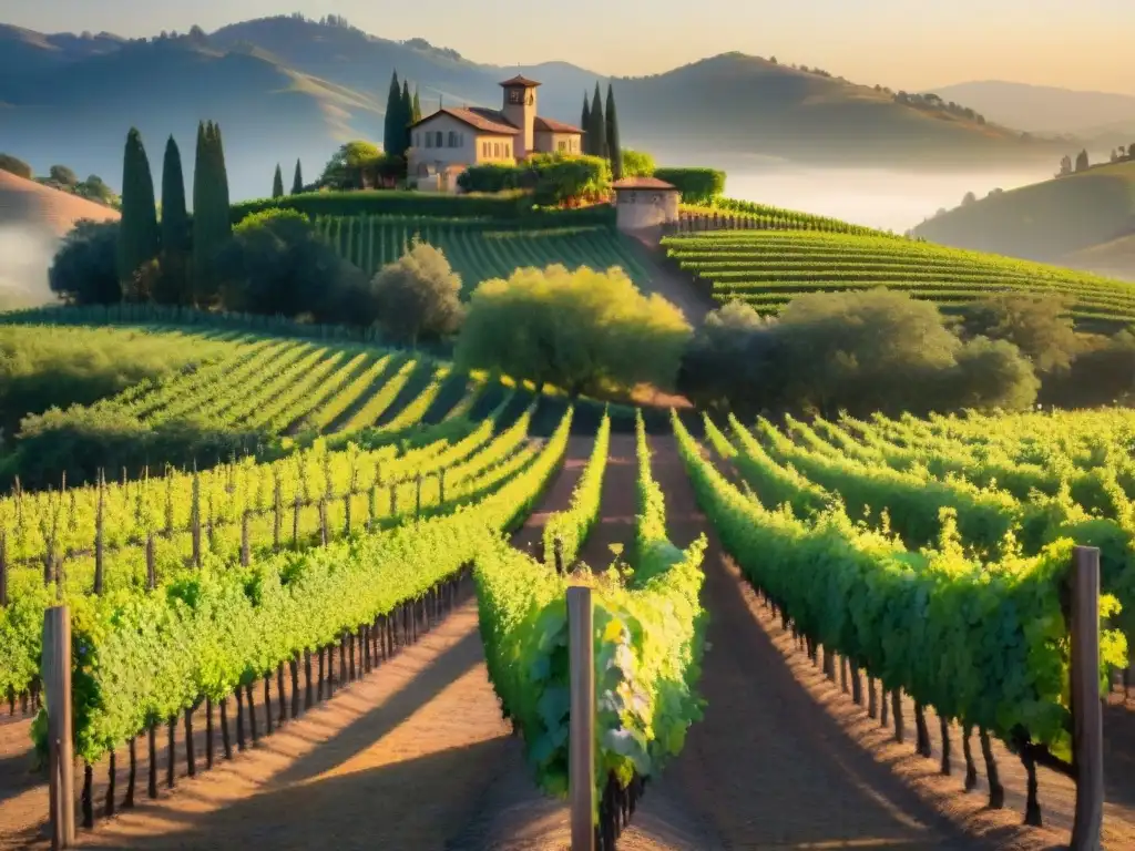 Viñedos exclusivos en Napa Valley al atardecer, con uvas bañadas por la cálida luz dorada y un chateau al fondo