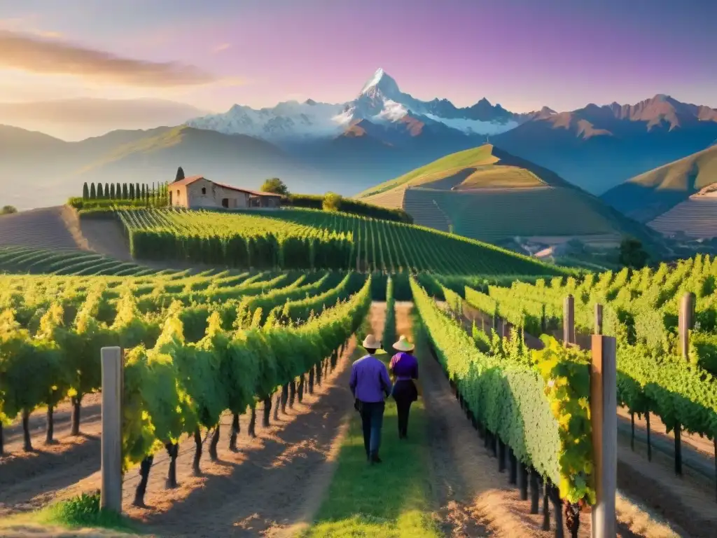 Viñedos icónicos de Argentina al atardecer con uvas púrpuras, bodega de madera y Andes de fondo