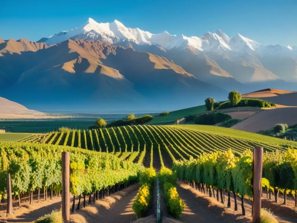 Viñedos íconos Argentina exploración gastronómica: Viñedo soleado en Mendoza con uvas maduras bajo la luz dorada, Andes de fondo