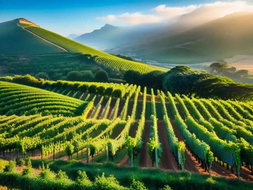 Viñedos con Legado Sudáfrica: Extensas viñas verdes en colinas bajo cielo azul, al atardecer