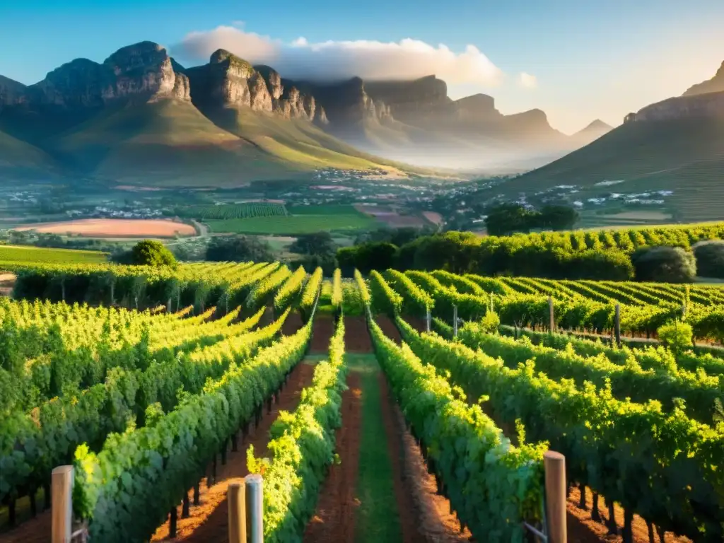 Viñedos con Legado Sudáfrica: Vista dorada de un viñedo exuberante al atardecer, con hileras de uvas y montañas al fondo