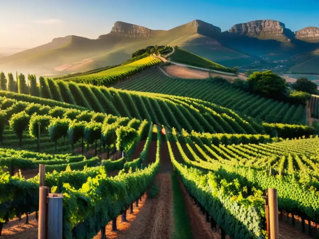 Viñedos con Legado Sudáfrica: Viñedo exuberante al atardecer, con uvas y hojas detalladas en cálida luz dorada