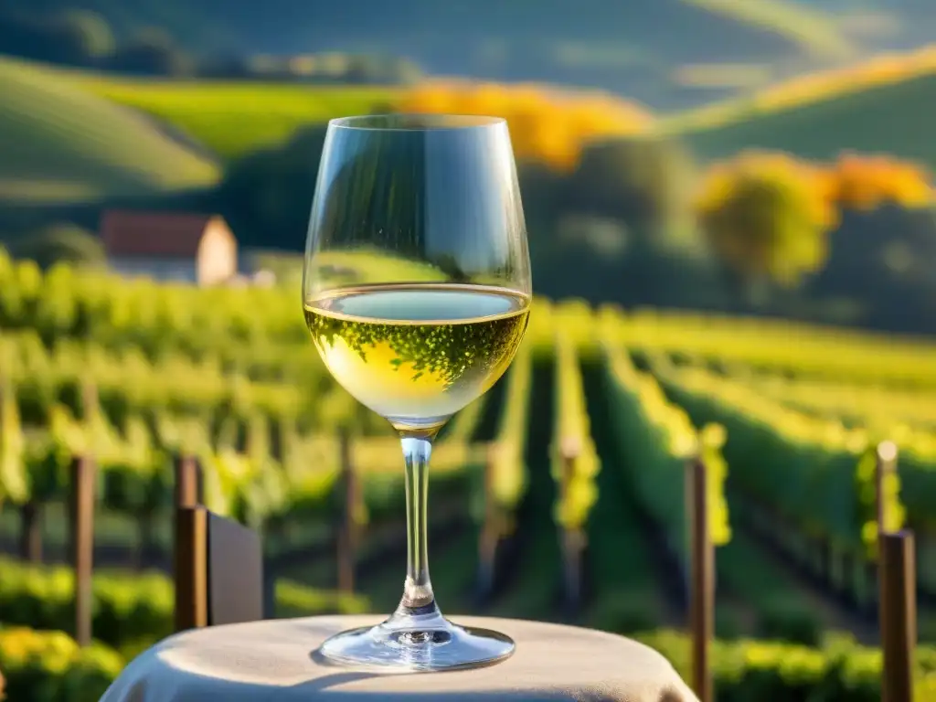 Un vino Riesling alemán, sabor elegante, brilla en un vaso cristalino contra un viñedo verde al atardecer