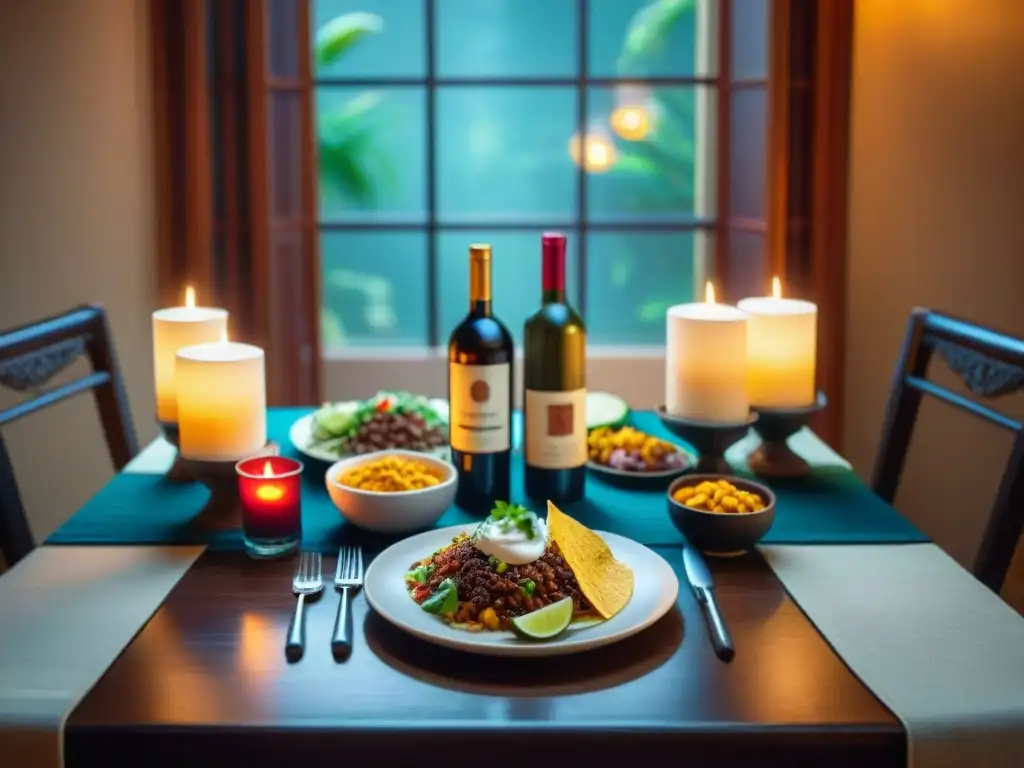 Vinos para cena mexicana fusión en mesa elegante con decoración vibrante y platillos exquisitos, iluminada por cálido resplandor de velas