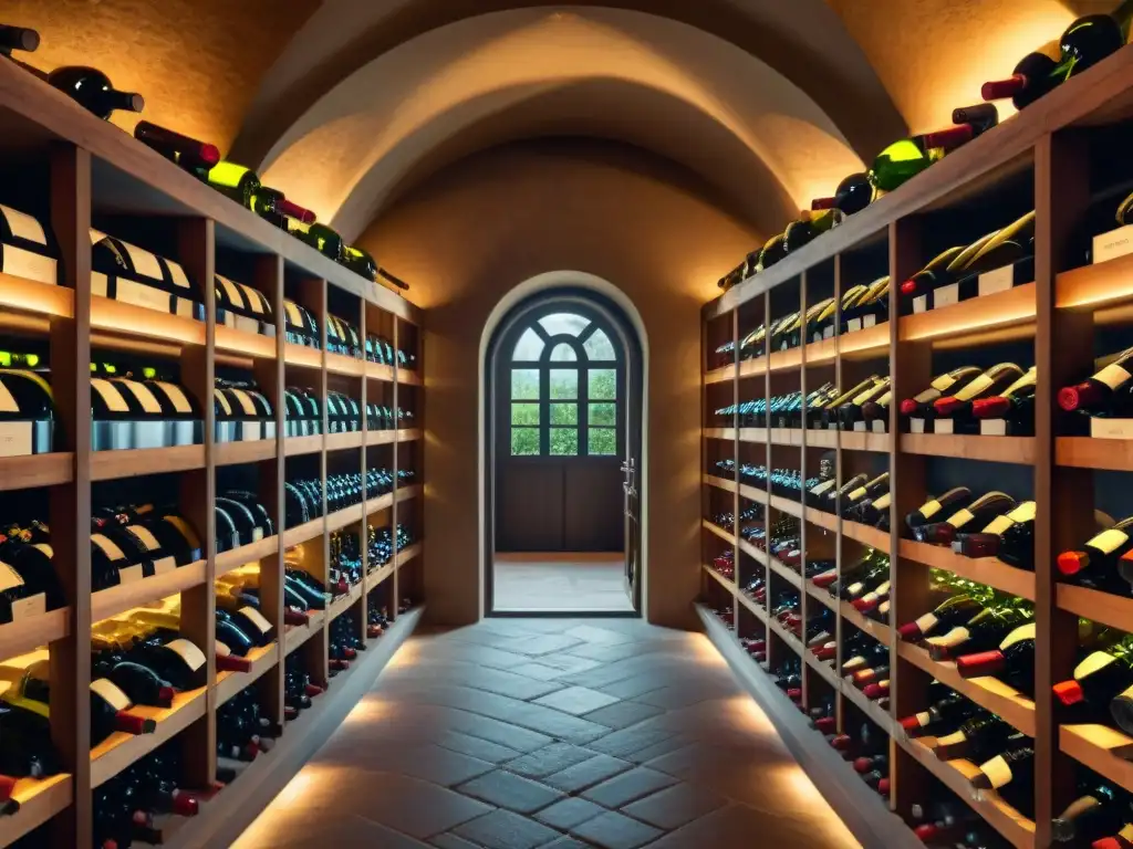 Invierte en vinos europeos colección: bodega prestigiosa con botellas antiguas en estantes de madera, iluminación tenue y sombras dramáticas