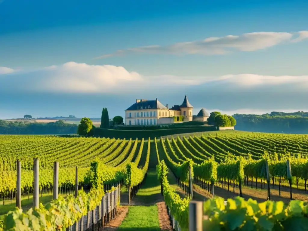 Vinos europeos con legado: Majestuoso Château Margaux entre viñedos verdes y cielo azul en Burdeos, Francia