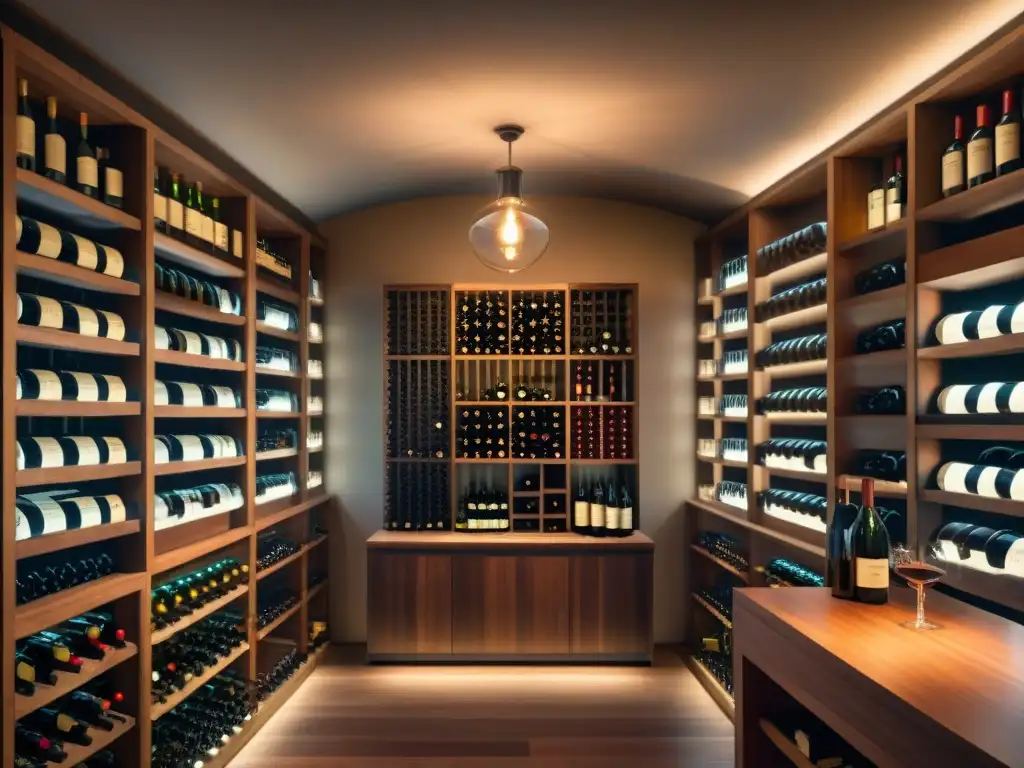 Invierte en vinos exclusivos principiantes: bodega lujosa con botellas exclusivas, etiquetas elegantes y ambiente sofisticado