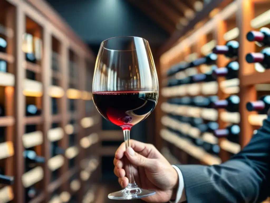 Invertir en vinos exclusivos principiantes: Detalle de mano de sommelier sosteniendo copa de vino tinto en bodega elegante