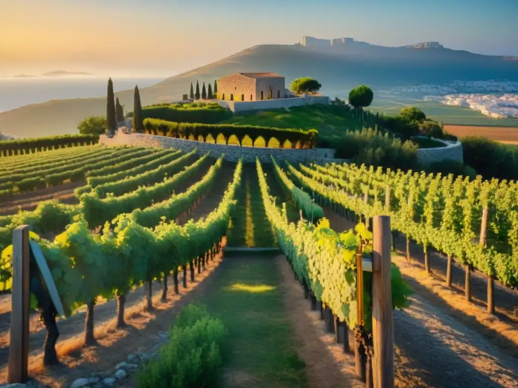 Vinos griegos antiguos: variedades redescubriendo en viñedo griego al atardecer con ruinas históricas al fondo