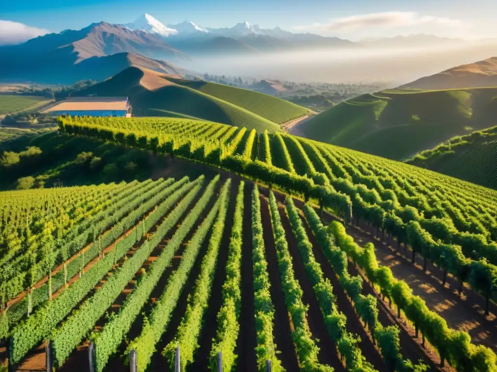 Vinos Chile Argentina Nuevo Mundo: Paisaje de viñedos verdes y majestuosas montañas de los Andes bañados por la cálida luz dorada