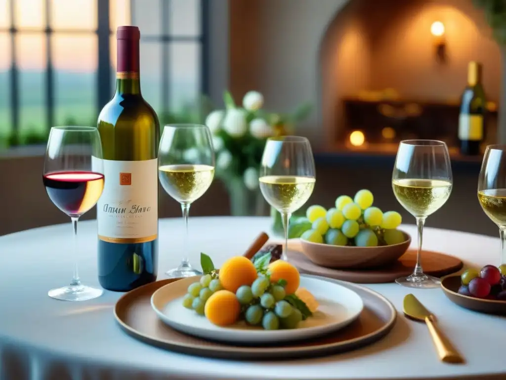 Exquisita mesa con vinos orgánicos y platos gourmet Vinos orgánicos maridaje perfecto: mesa elegante con vinos y platillos gourmet, cristalería fina y arreglos florales