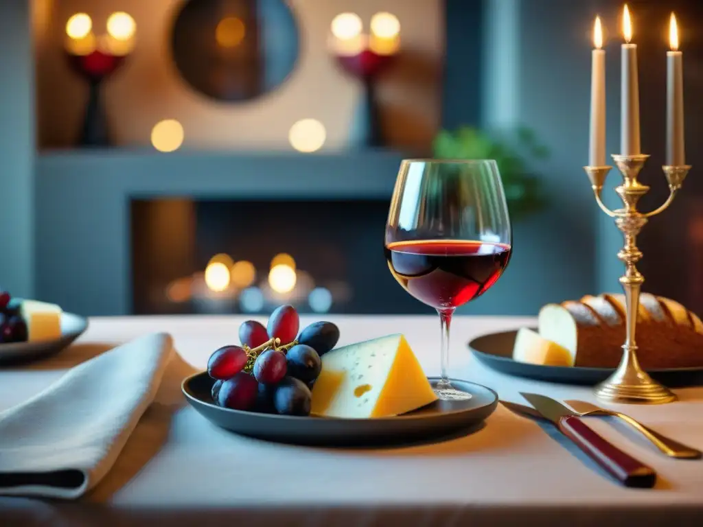 Exquisita copa de vino rojo en mesa elegante Vinos orgánicos maridaje perfecto: Detalle de copa de vino tinto en mesa elegante con velas, quesos y uvas