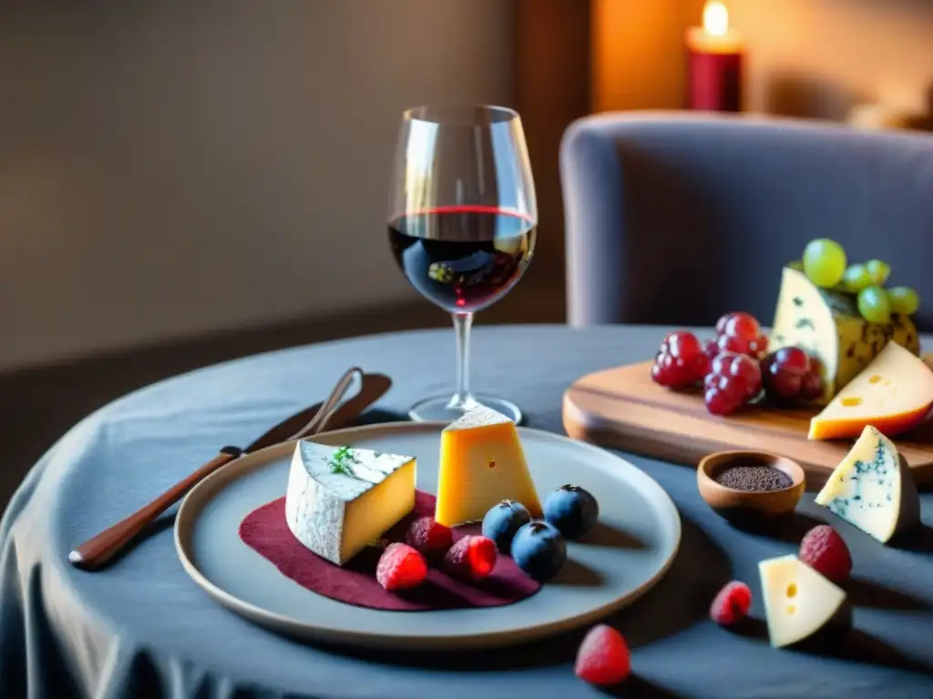 Exquisita mesa de vino orgánico y gourmet en luz de velas Vinos orgánicos maridaje perfecto: mesa elegante con copas de vino, quesos gourmet, frutas y chocolate bajo luz de velas