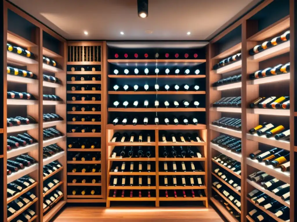 Vinoteca premium para coleccionista de vinos: bodega moderna y sofisticada con botellas ordenadas en estantes de madera, iluminación cálida resaltando etiquetas y añadas