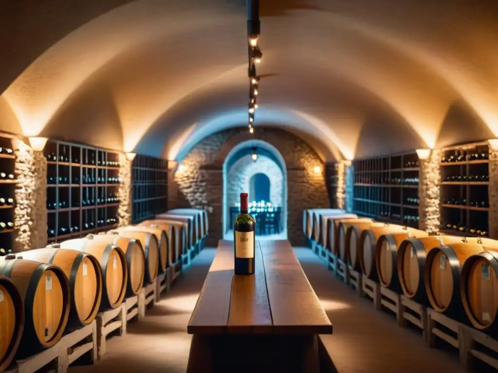 Vinoteca subterránea con exclusivas botellas de vino envejecido, iluminada por cálida luz, invitando a disfrutar vinos únicos