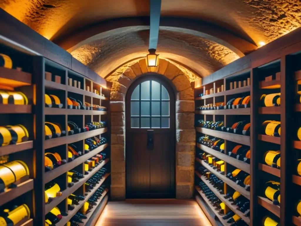 Vinotecas exclusivas alrededor mundo: bodega secreta en castillo medieval, lleno de vinos raros iluminados cálidamente