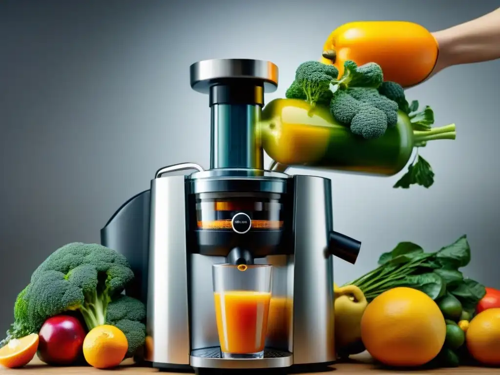 Una visión detallada y realista de un moderno extractor de jugo en acción, con frutas y verduras vibrantes siendo prensadas