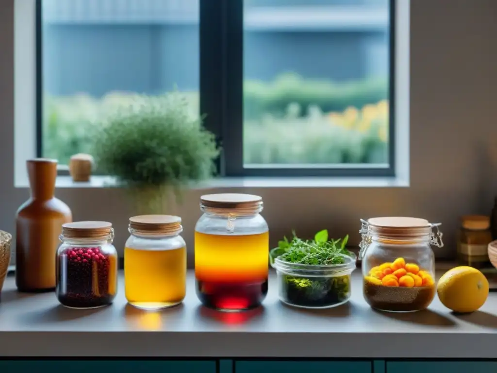 Vista detallada y cautivadora de recetas con kombucha en cocina moderna y elegante, con frutas y hierbas frescas