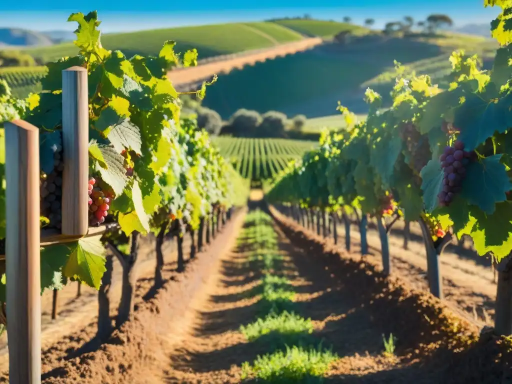 Una vista detallada y deslumbrante de un viñedo exuberante y soleado en Australia, con uvas maduras y coloridas