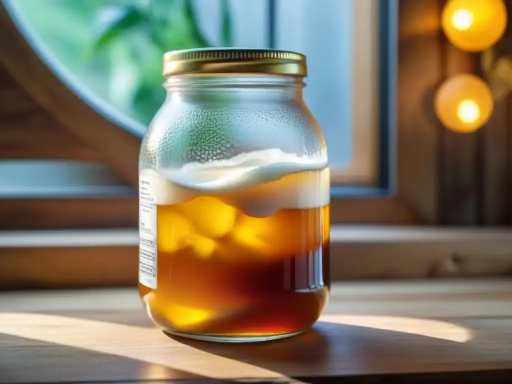 Vista detallada de un frasco de kombucha casero sobre una mesa rústica, con ingredientes frescos y la luz del sol filtrándose