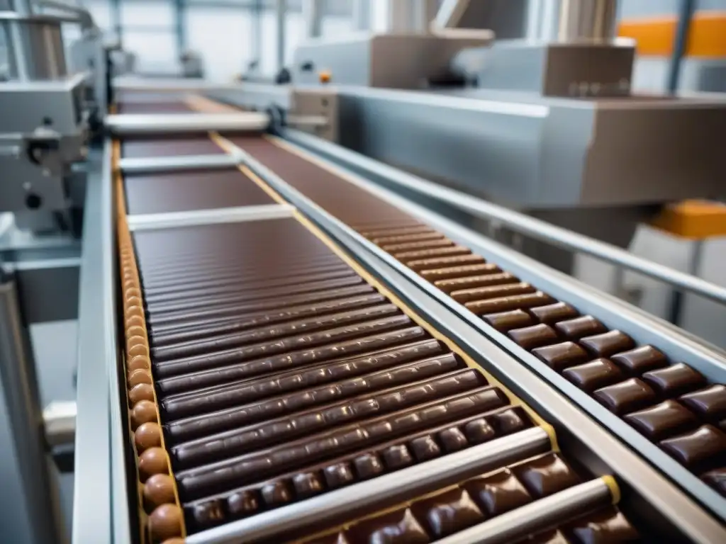 Vista detallada de una línea de producción de chocolate industrial, destacando la maquinaria y la escala de producción