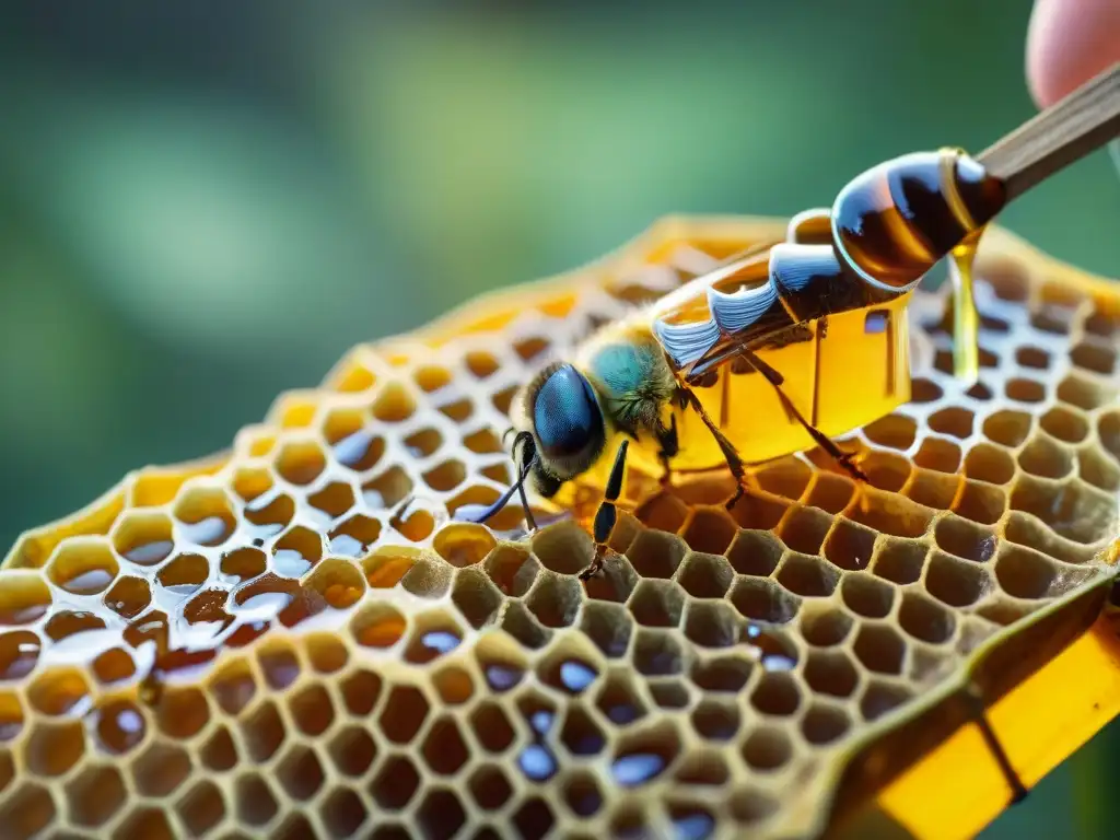 Una vista detallada de un panal con miel pura artesanal gourmet, brillante bajo el sol, con abejas trabajando diligentemente en el fondo