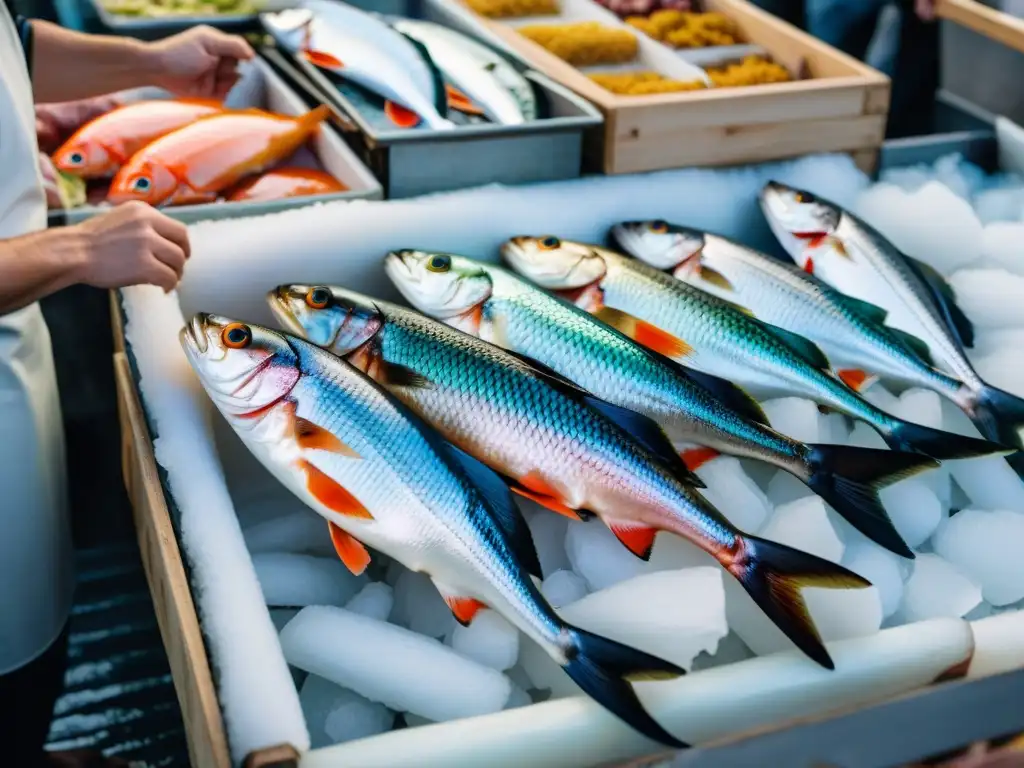 Una vista detallada de pescados premium menos conocidos, frescos y vibrantes sobre hielo en un bullicioso mercado de pescado